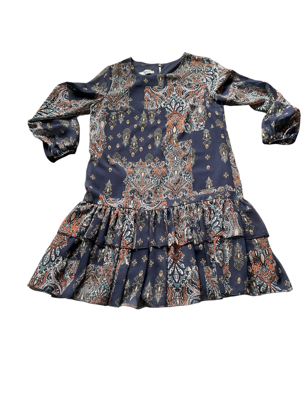 Lizzie Blue Navy Paisley Long-Sleeve Ruffle-Hem Dress, size 38 - Picture 3 of 9